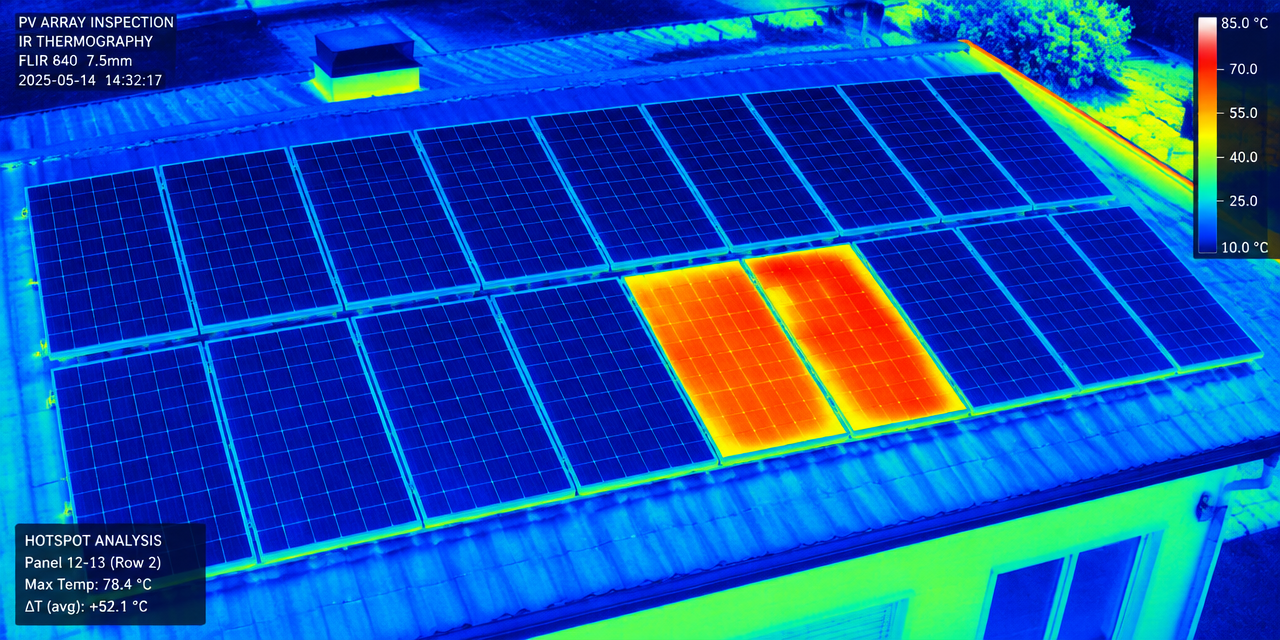 Termografie FVE panelů — vadný panel svítí oranžově